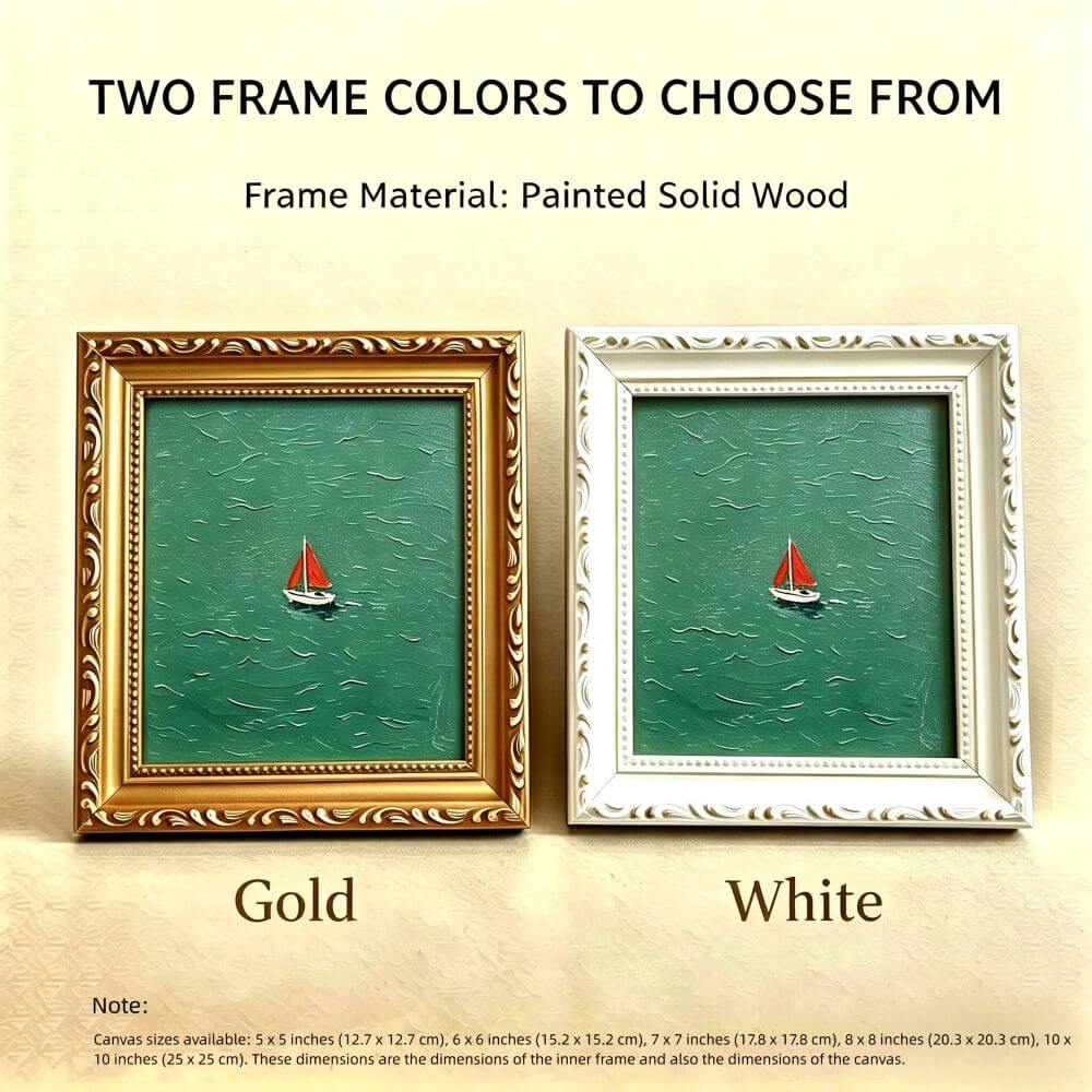 Hand-painted Small Framed Original Art, Miniature Green Boat Oil Painting, Gold Frame Wall Decor