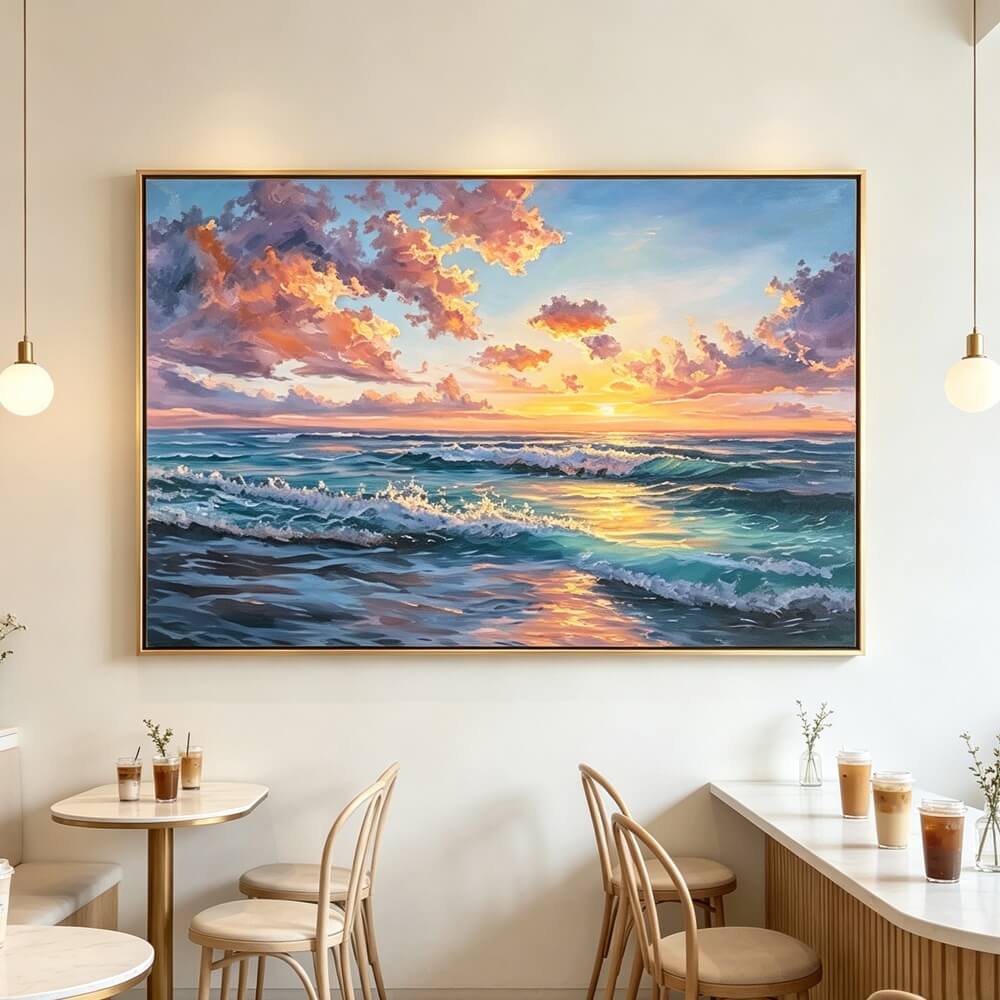 Hand-painted Textured Ocean Wave Oil Painting, Sunset Seascape Canvas Wall Art, Living Room Decor