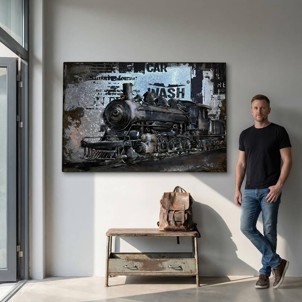 Industrial Vintage Steam Train 3D Metal Wall Art, Original Painting, Living Room Decor, Unique Gift