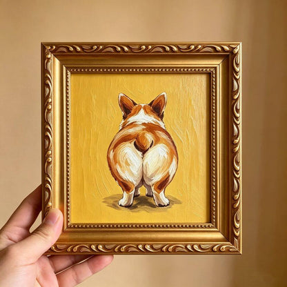 Hand-painted Small Framed Original Art, Miniature Corgi Oil Painting On Canvas, Gold Frame Wall Decor