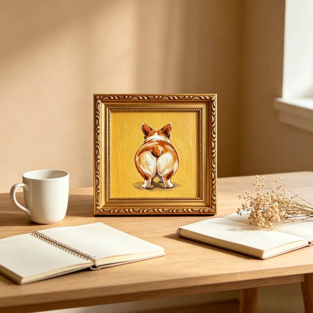 Hand-painted Small Framed Original Art, Miniature Corgi Oil Painting On Canvas, Gold Frame Wall Decor