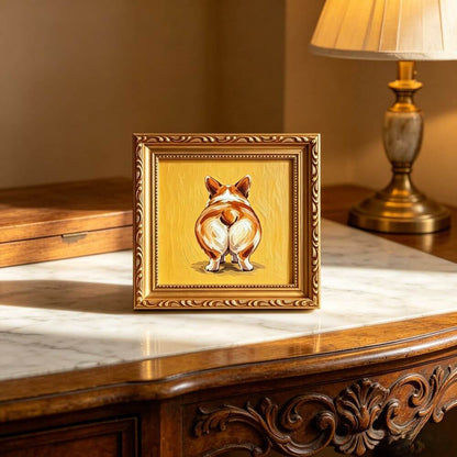 Hand-painted Small Framed Original Art, Miniature Corgi Oil Painting On Canvas, Gold Frame Wall Decor