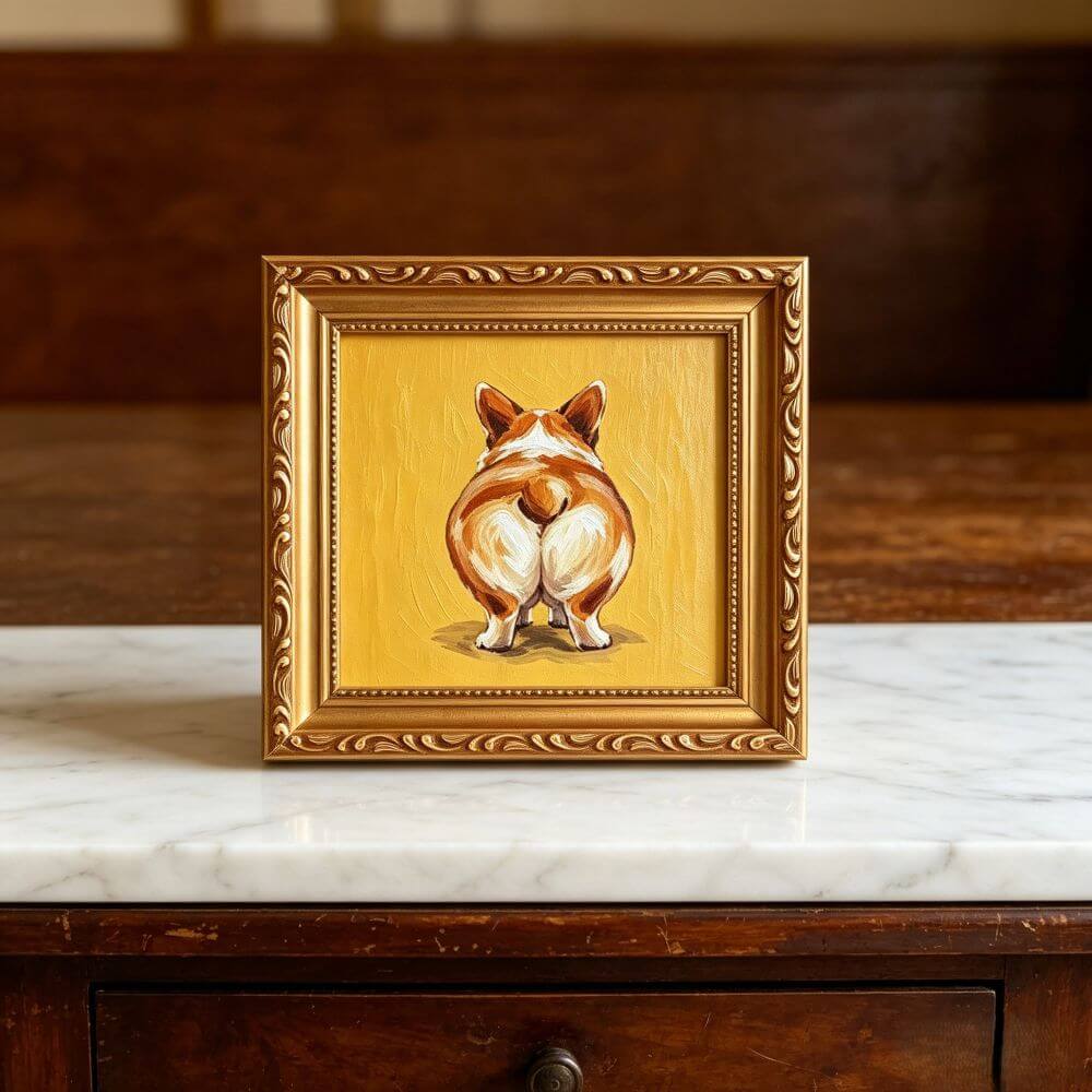 Hand-painted Small Framed Original Art, Miniature Corgi Oil Painting On Canvas, Gold Frame Wall Decor