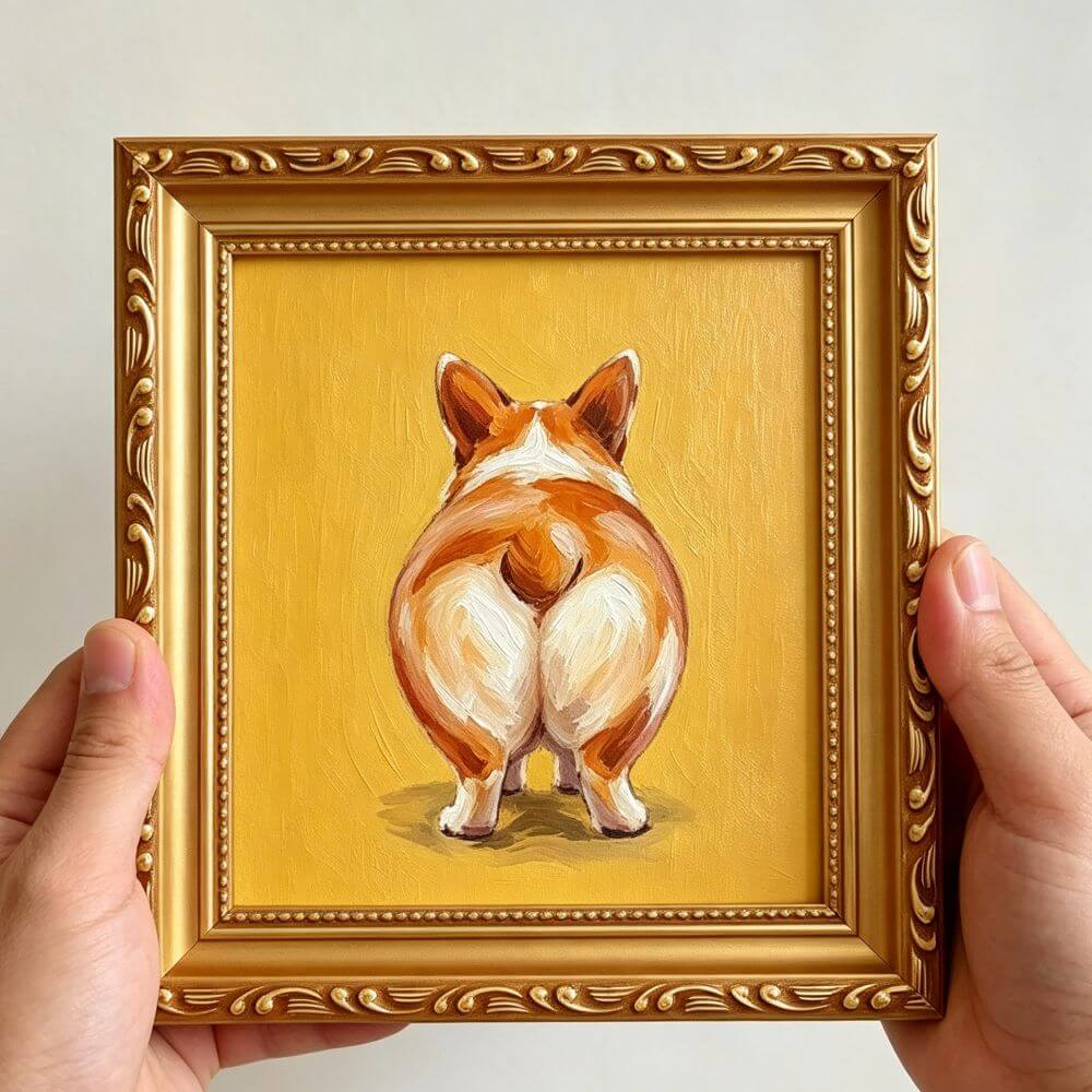 Hand-painted Small Framed Original Art, Miniature Corgi Oil Painting On Canvas, Gold Frame Wall Decor