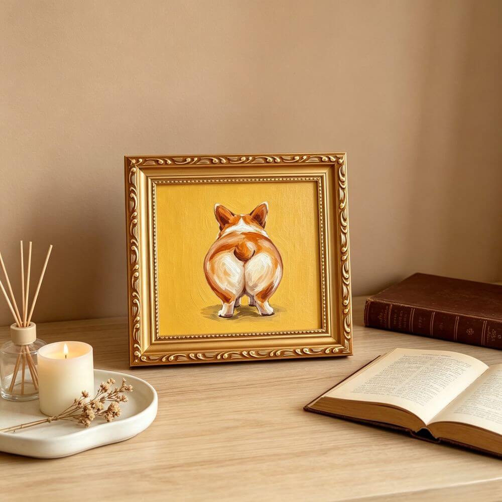 Hand-painted Small Framed Original Art, Miniature Corgi Oil Painting On Canvas, Gold Frame Wall Decor
