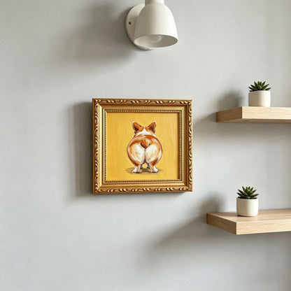 Hand-painted Small Framed Original Art, Miniature Corgi Oil Painting On Canvas, Gold Frame Wall Decor