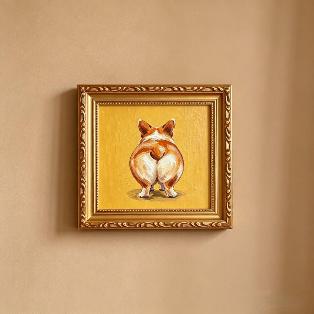 Hand-painted Small Framed Original Art, Miniature Corgi Oil Painting On Canvas, Gold Frame Wall Decor