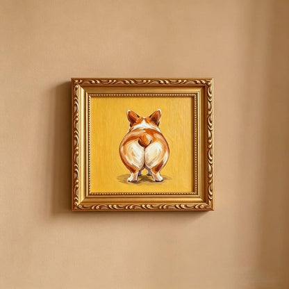 Hand-painted Small Framed Original Art, Miniature Corgi Oil Painting On Canvas, Gold Frame Wall Decor