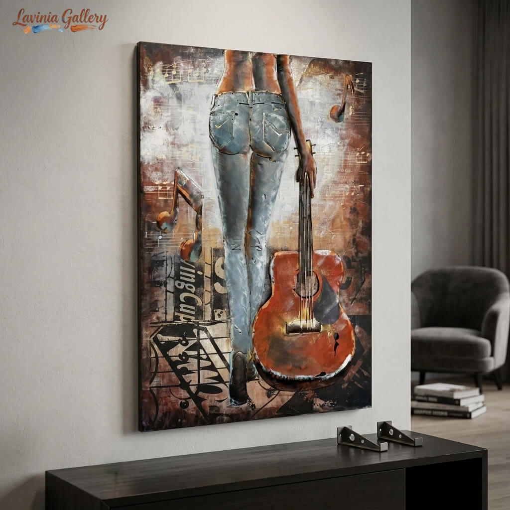 Handcrafted Woman with Guitar Back View 3D Metal Wall Art for Home & Office Decor