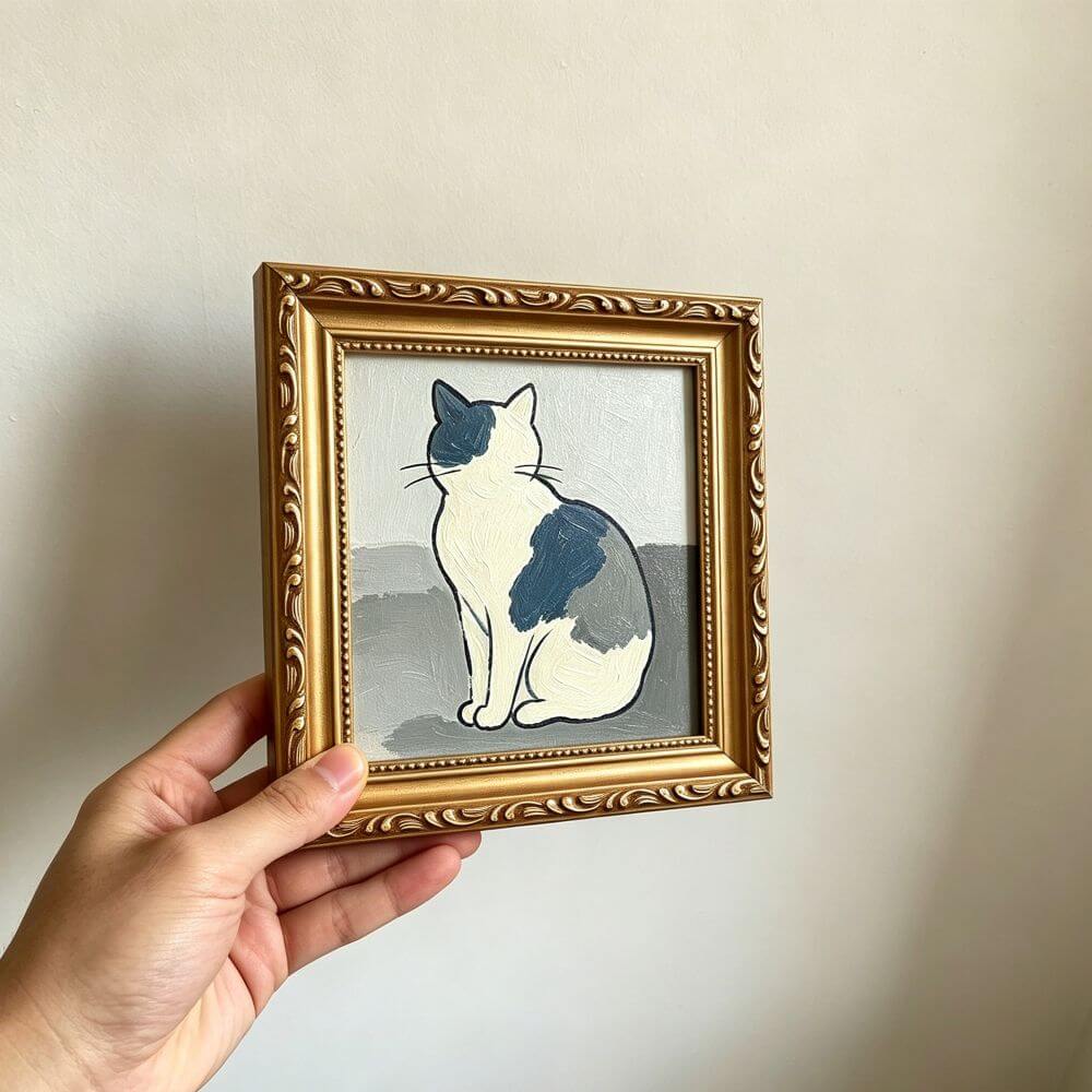 Hand-painted Small Framed Original Art, Canvas Artwork, Gold Frame Wall Decor, Pet Portrait, Sitting Cat