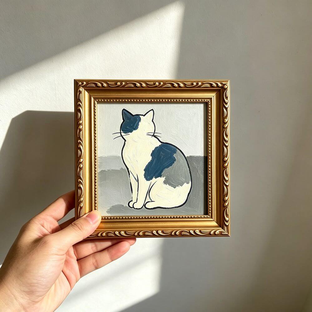 Hand-painted Small Framed Original Art, Canvas Artwork, Gold Frame Wall Decor, Pet Portrait, Sitting Cat