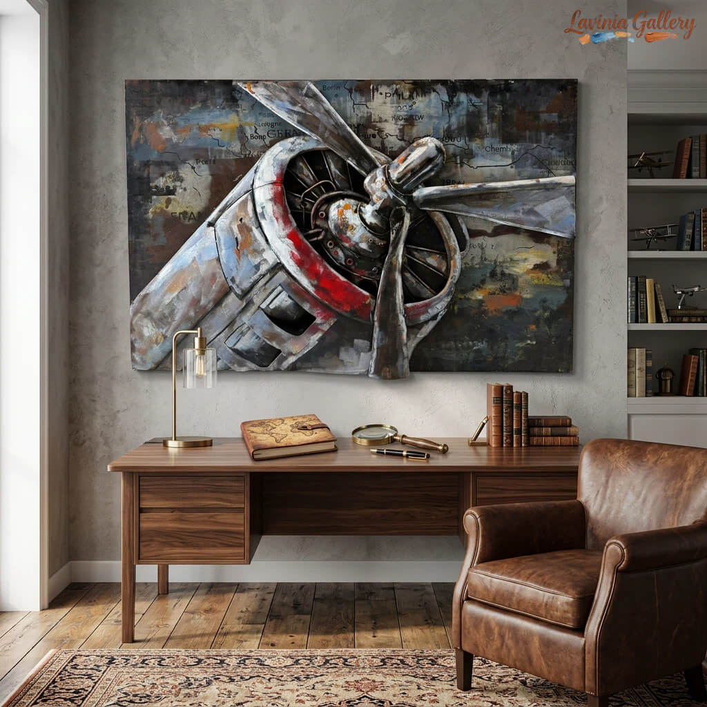 Vintage Handcrafted Airplane Propeller 3D Metal Wall Art, Original Painting, Living Room Decor, Unique Gift