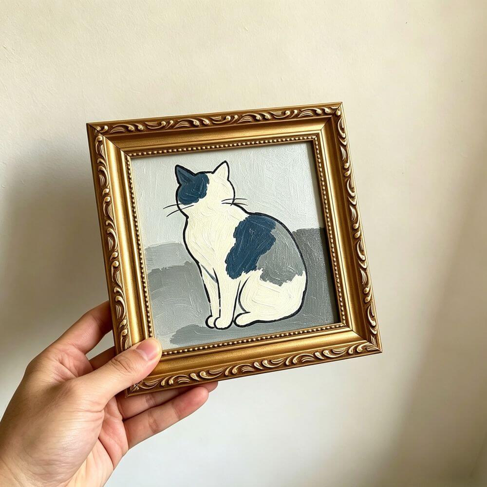Hand-painted Small Framed Original Art, Canvas Artwork, Gold Frame Wall Decor, Pet Portrait, Sitting Cat