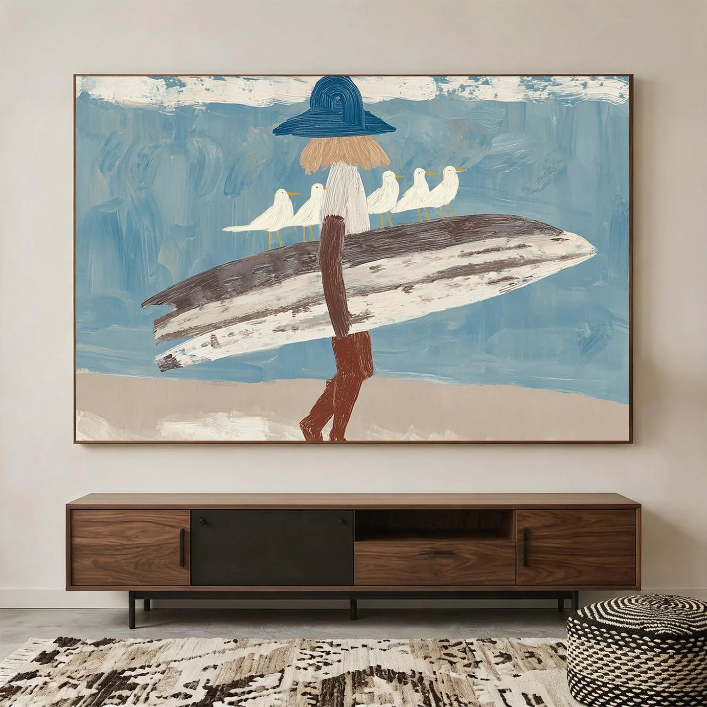 Surfer Painting Minimalist Coastal Beach Canvas Artwork #AE143