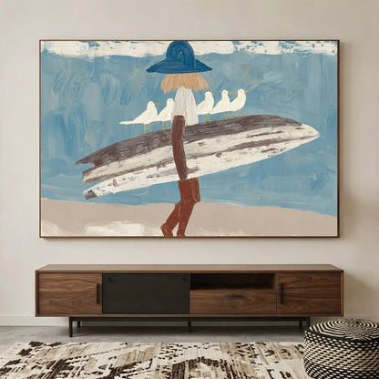 Surfer Painting Minimalist Coastal Beach Canvas Artwork #AE143