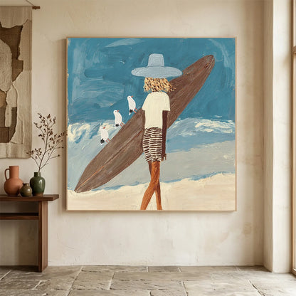 Surfer Painting Minimalist Coastal Beach Canvas Artwork #AE139