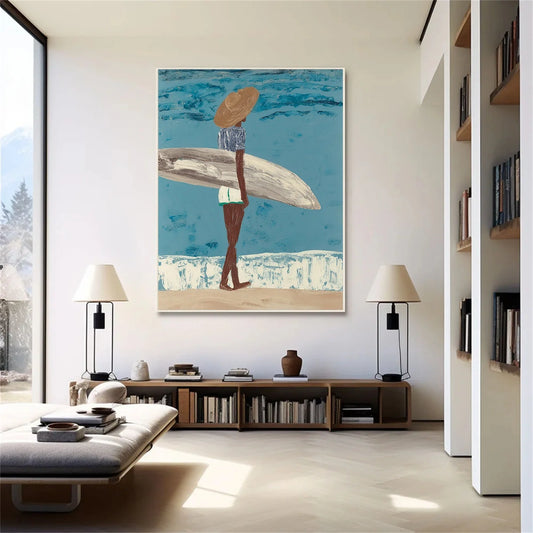 Surfer Painting Minimalist Coastal Beach Canvas Artwork #AE098