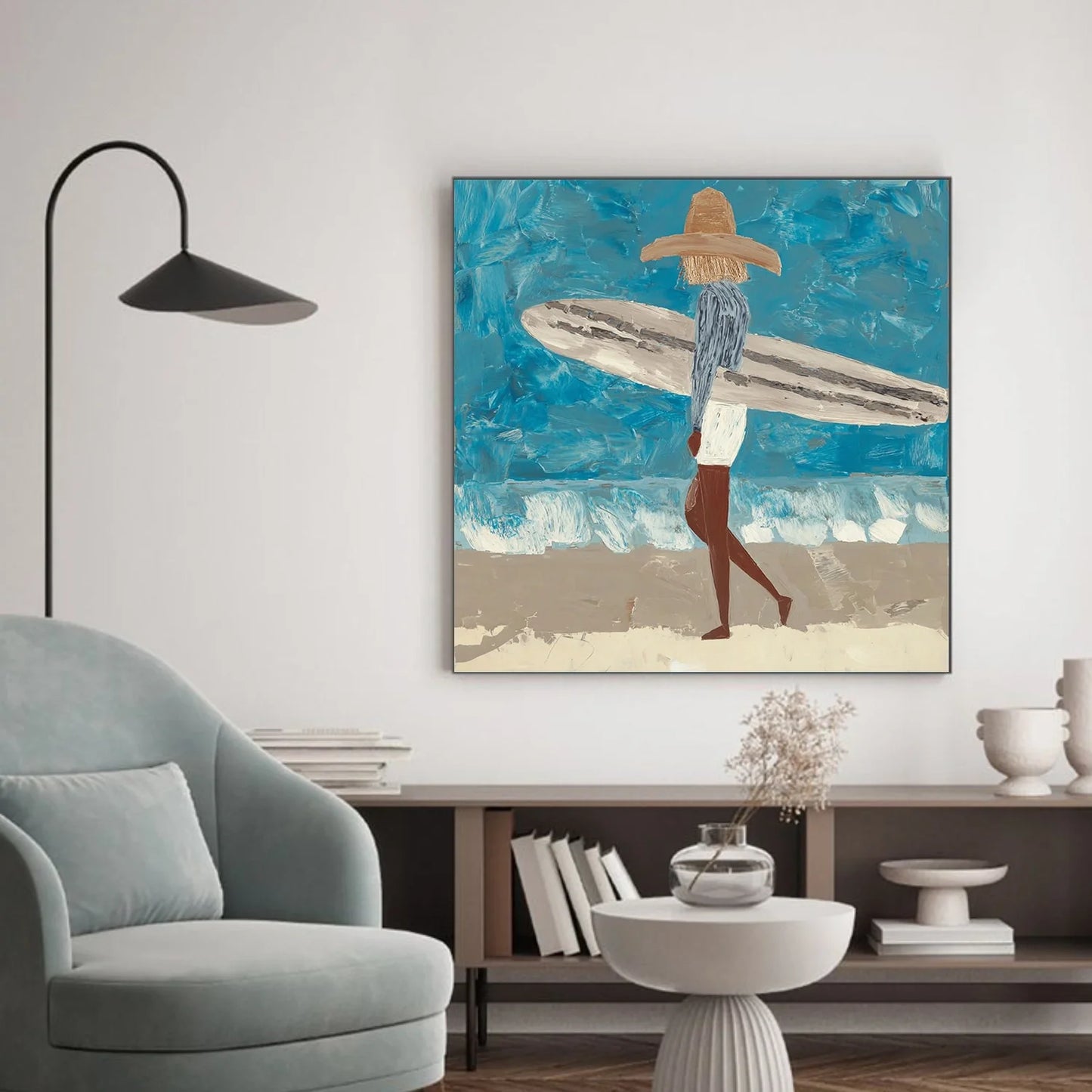 Surfer Painting Minimalist Coastal Beach Canvas Artwork #AE095