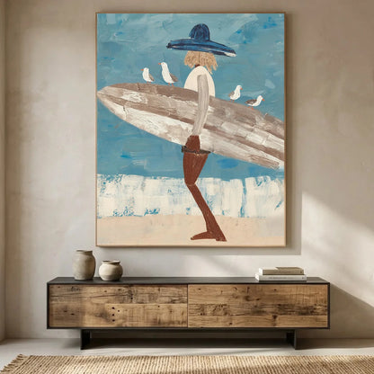 Surfer Painting Minimalist Coastal Beach Canvas Artwork #AE140
