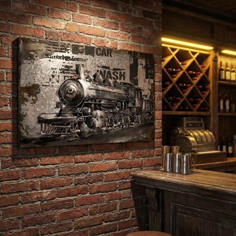 Industrial Vintage Steam Train 3D Metal Wall Art, Original Painting, Living Room Decor, Unique Gift