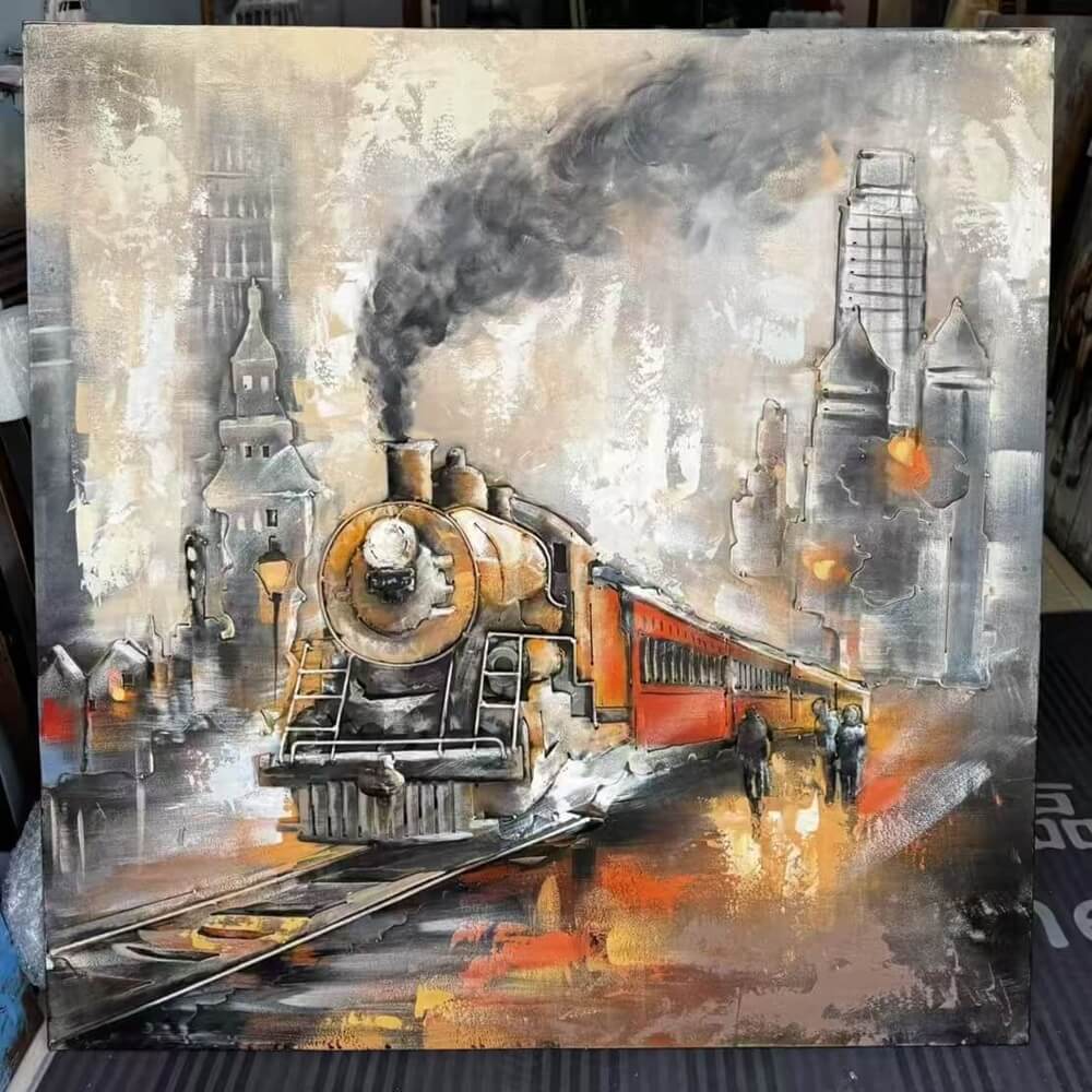 Vintage Handcrafted Steam Train 3D Metal Wall Art, Original Painting, Living Room Decor, Unique Gift