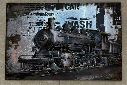 Industrial Vintage Steam Train 3D Metal Wall Art, Original Painting, Living Room Decor, Unique Gift