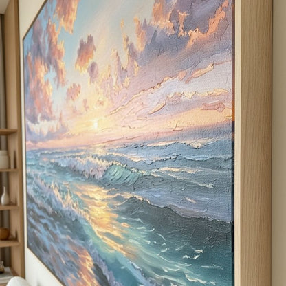 Textured Ocean Wave Oil Painting, Sunset Seascape Canvas Wall Art, Living Room Decor
