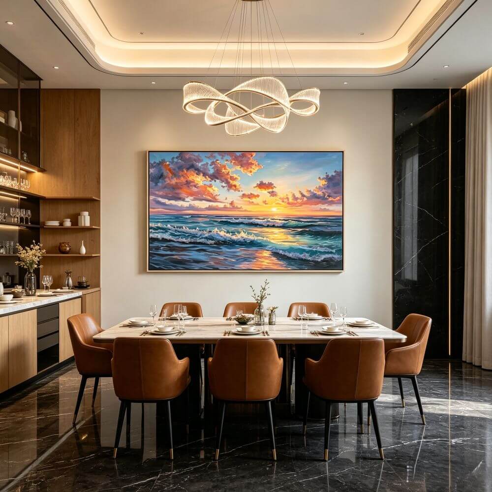 Textured Ocean Wave Oil Painting, Sunset Seascape Canvas Wall Art, Living Room Decor