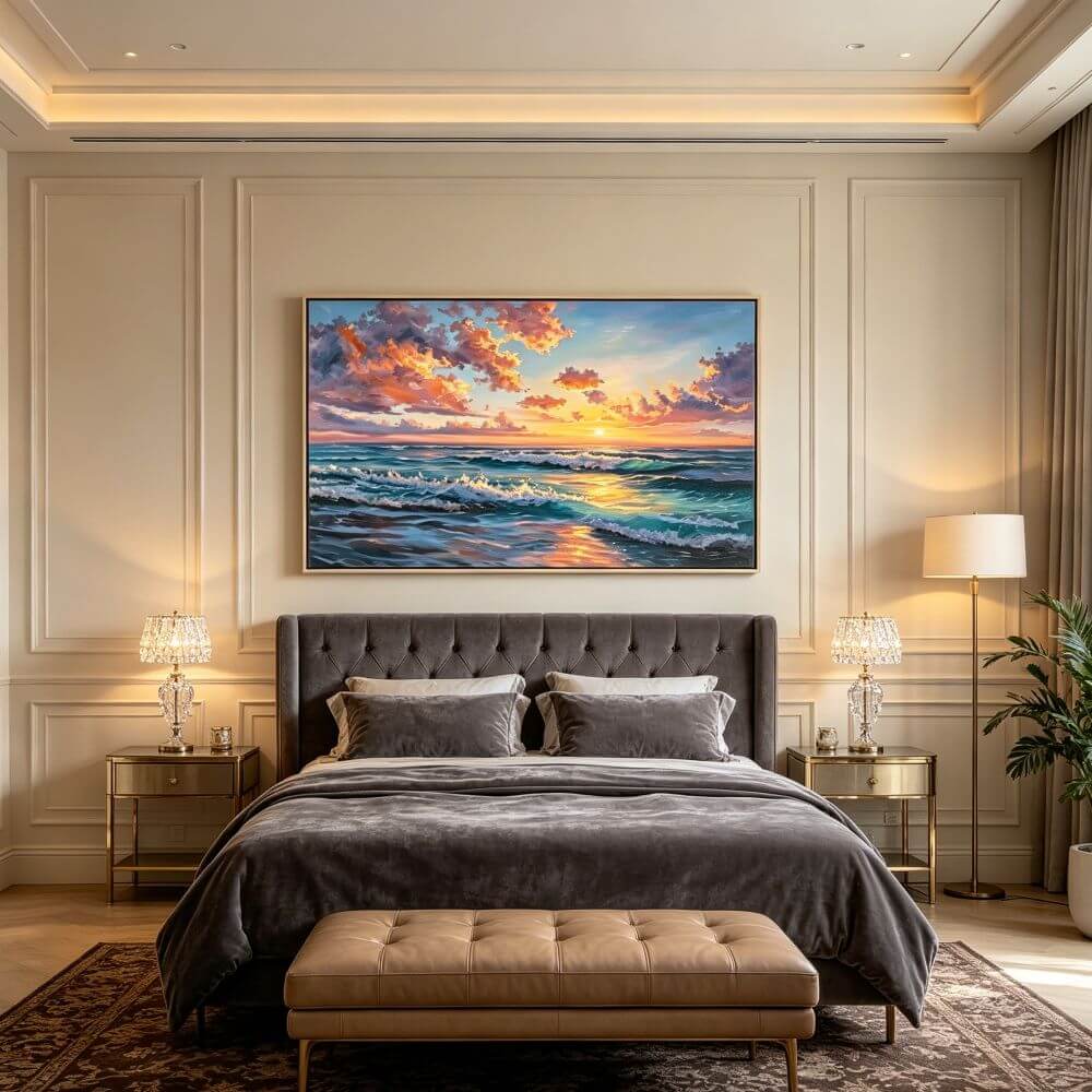 Textured Ocean Wave Oil Painting, Sunset Seascape Canvas Wall Art, Living Room Decor