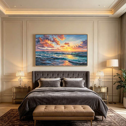Textured Ocean Wave Oil Painting, Sunset Seascape Canvas Wall Art, Living Room Decor