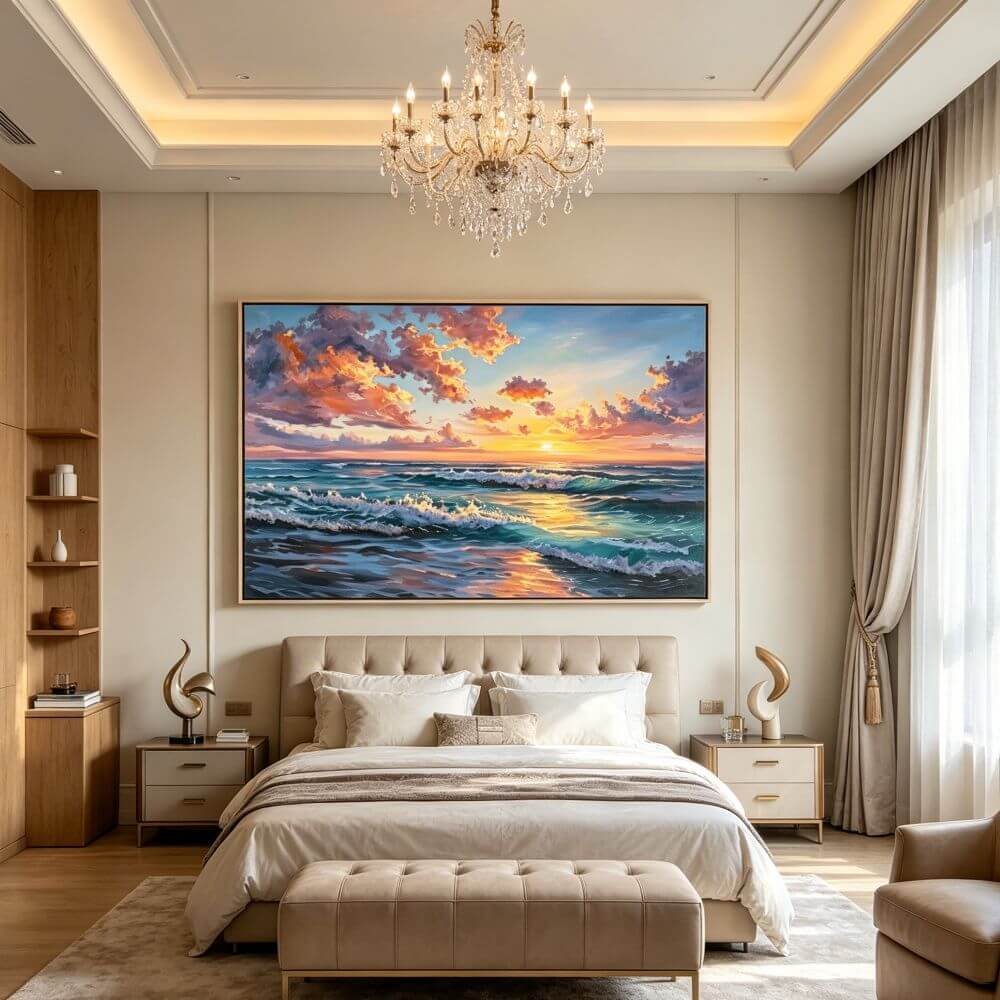 Textured Ocean Wave Oil Painting, Sunset Seascape Canvas Wall Art, Living Room Decor