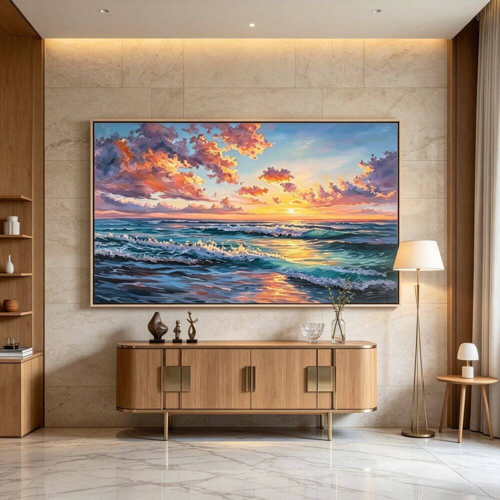 Textured Ocean Wave Oil Painting, Sunset Seascape Canvas Wall Art, Living Room Decor