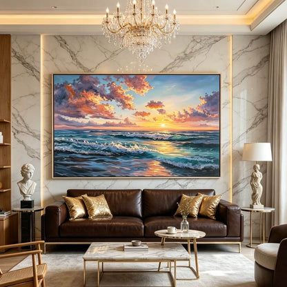 Textured Ocean Wave Oil Painting, Sunset Seascape Canvas Wall Art, Living Room Decor