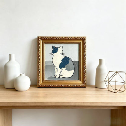 Hand-painted Small Framed Original Art, Canvas Artwork, Gold Frame Wall Decor, Pet Portrait, Sitting Cat