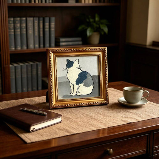 Hand-painted Small Framed Original Art, Canvas Artwork, Gold Frame Wall Decor, Pet Portrait, Sitting Cat