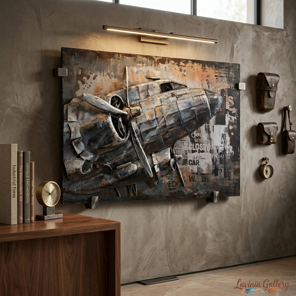Vintage Handcrafted Aircraft 3D Metal Wall Art, Original Painting, Living Room Decor, Unique Gift