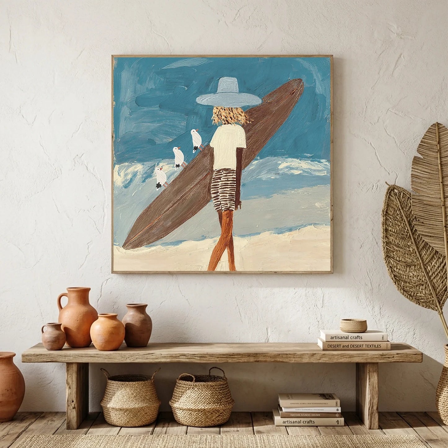 Surfer Painting Minimalist Coastal Beach Canvas Artwork #AE139