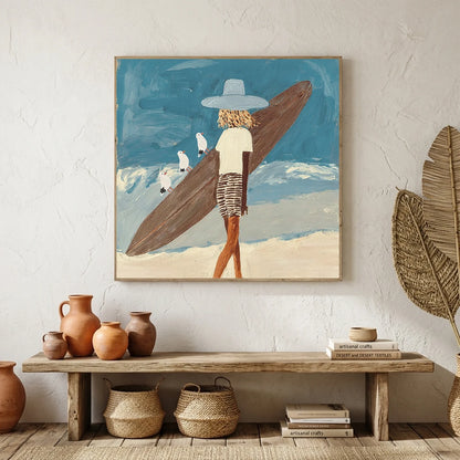 Surfer Painting Minimalist Coastal Beach Canvas Artwork #AE139