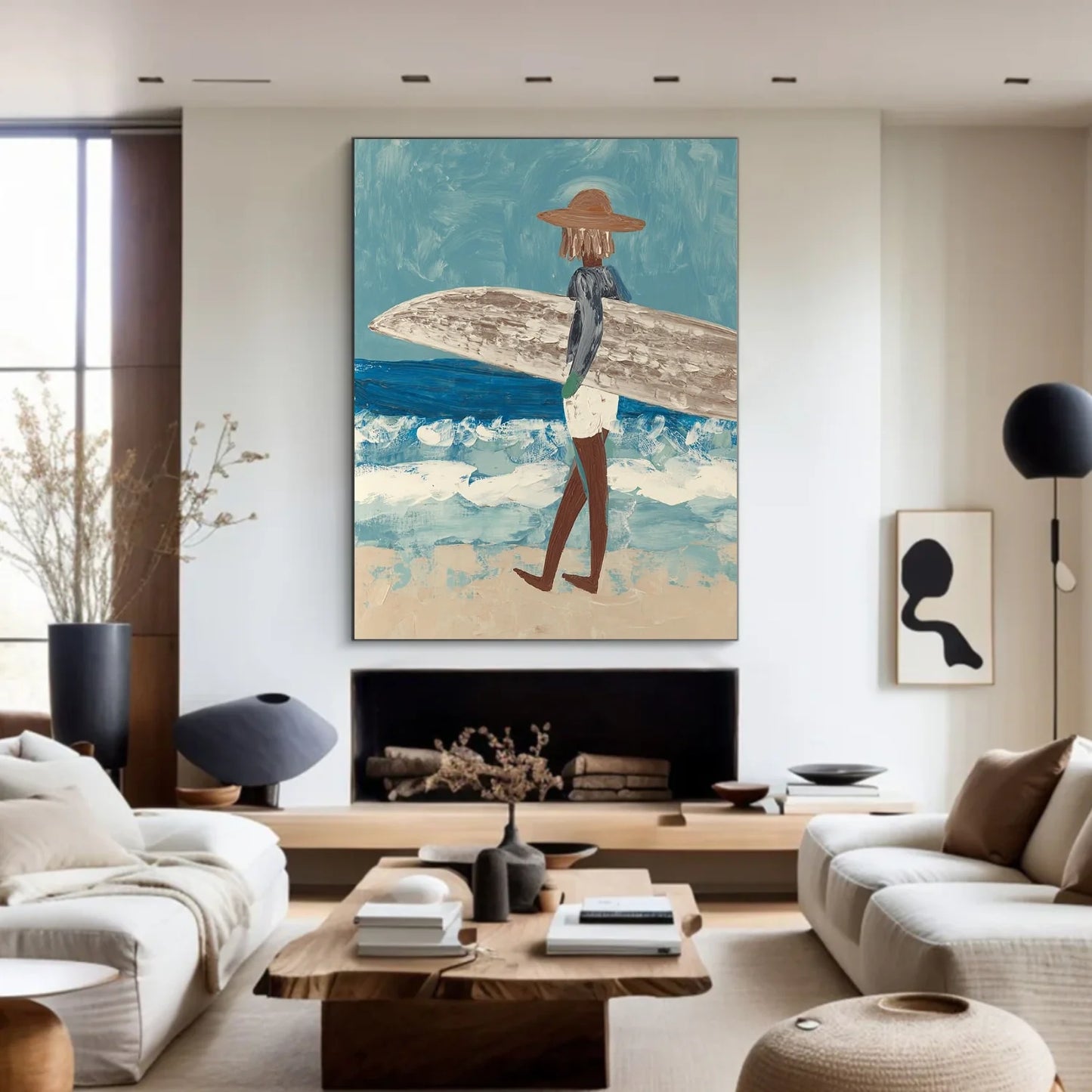 Surfer Painting Minimalist Coastal Beach Canvas Artwork #AE096