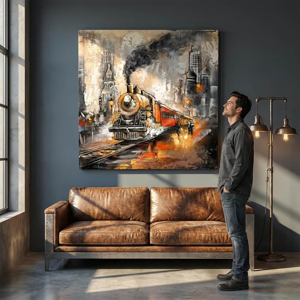 Vintage Handcrafted Steam Train 3D Metal Wall Art, Original Painting, Living Room Decor, Unique Gift