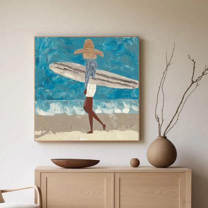Surfer Painting Minimalist Coastal Beach Canvas Artwork #AE095