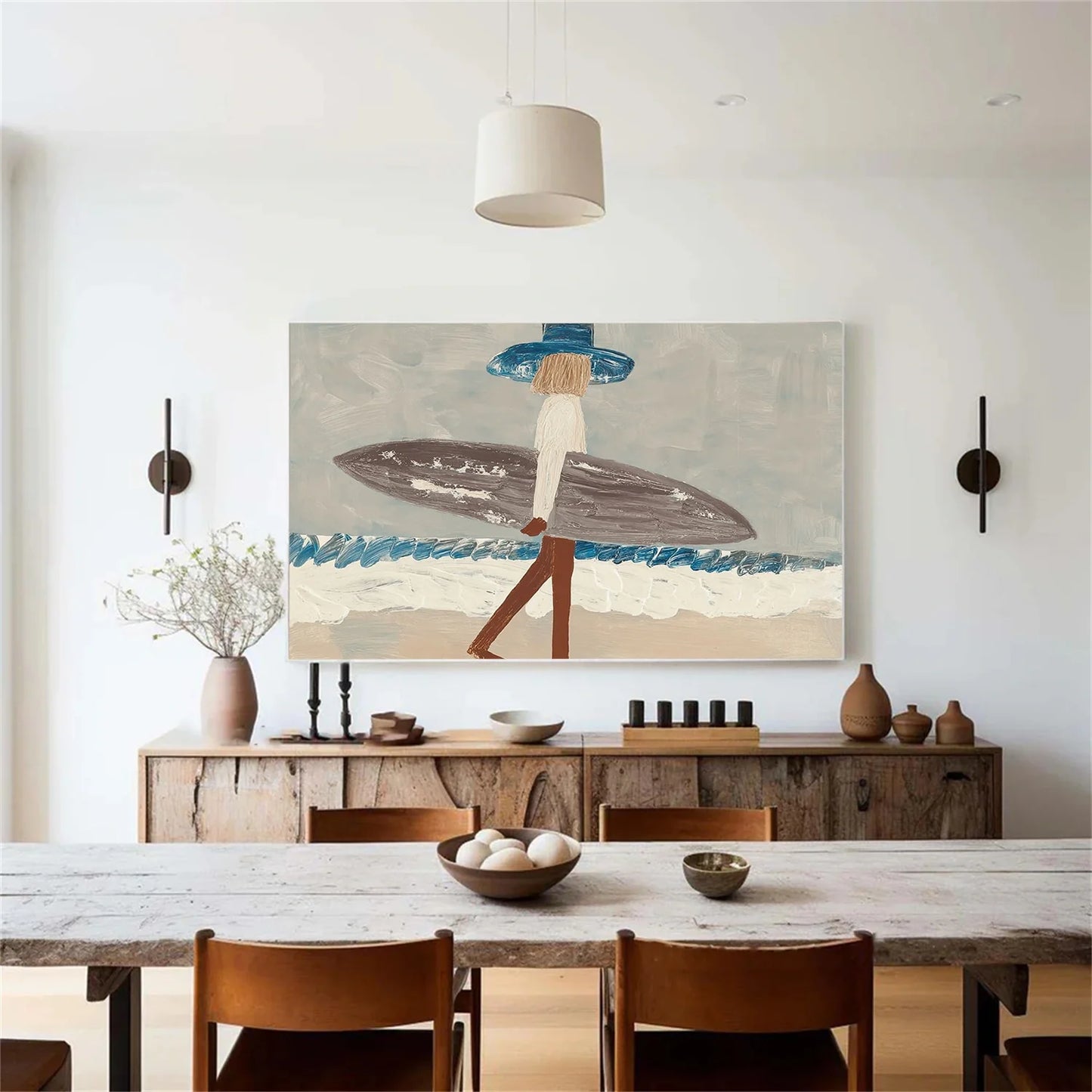 Surfer Painting Minimalist Coastal Beach Canvas Artwork #AE097