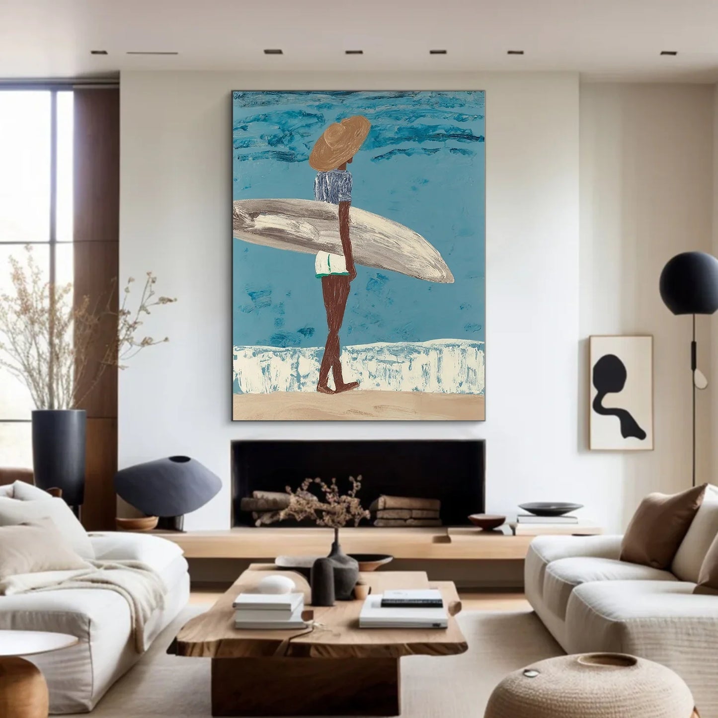 Surfer Painting Minimalist Coastal Beach Canvas Artwork #AE098