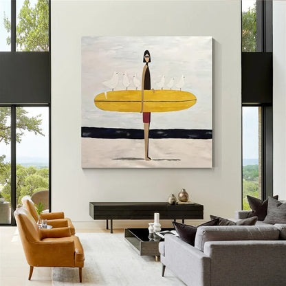 Surfer Painting Minimalist Coastal Beach Canvas Artwork #AE129