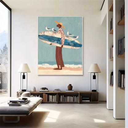 Surfer Painting Minimalist Coastal Beach Canvas Artwork #AE099