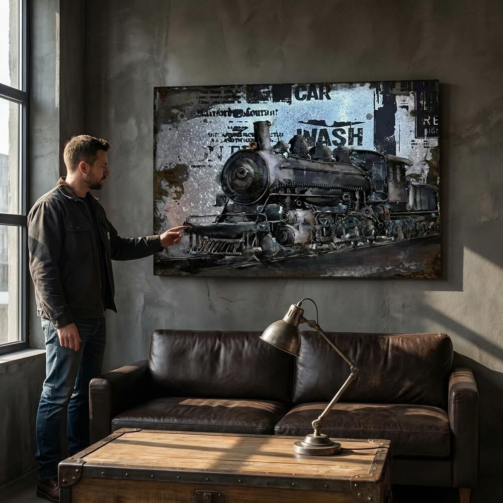 Industrial Vintage Steam Train 3D Metal Wall Art, Original Painting, Living Room Decor, Unique Gift