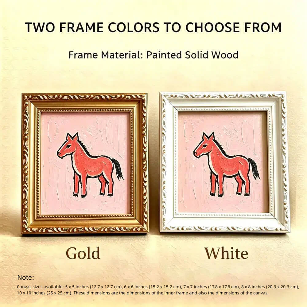 Hand-painted Small Framed Original Art Miniature Pink Horse Artwork Hand Made Oil Paintings