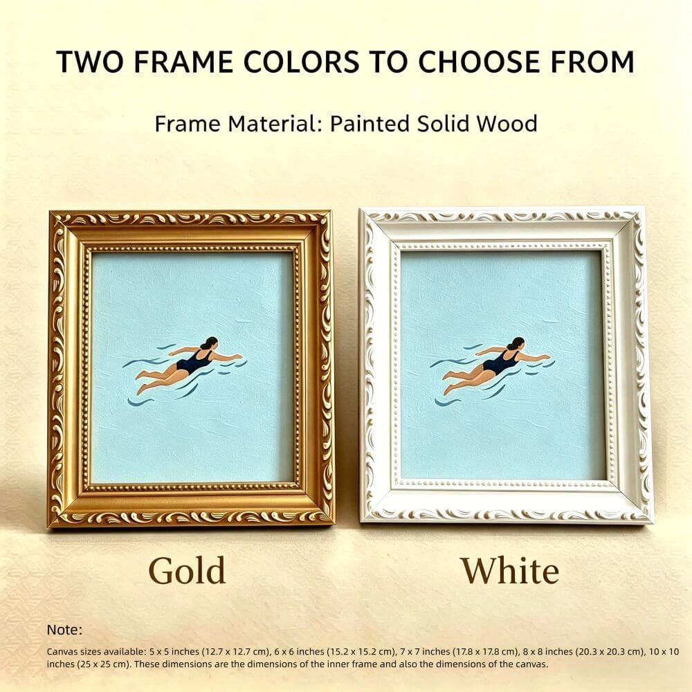 Hand-painted Small Framed Original Art, Miniature Canvas Artwork, Woman Swimming Oil Painting