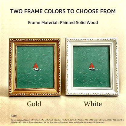 Hand-painted Small Framed Original Art, Miniature Green Boat Oil Painting, Gold Frame Wall Decor
