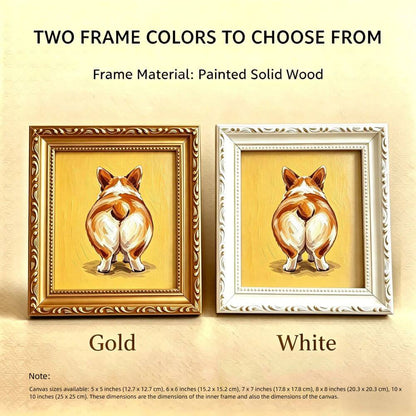 Hand-painted Small Framed Original Art, Miniature Corgi Oil Painting On Canvas, Gold Frame Wall Decor